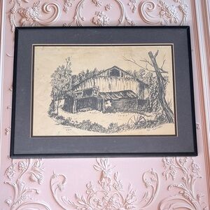 Original Ray Huffman Dunners Knob Pen Ink Drawing Metal Black Framed
